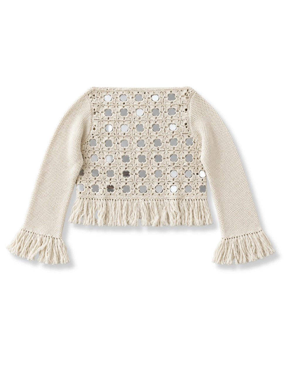 Toccin Crochet Paillette Fringe Sweater in Ivory